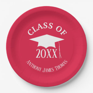 Crimson Grad Cap und Blätter Papier Teller 9"