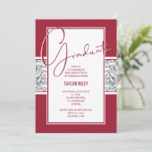 Crimson Gray Damask Abschluss Einladung (Stehend Vorderseite)