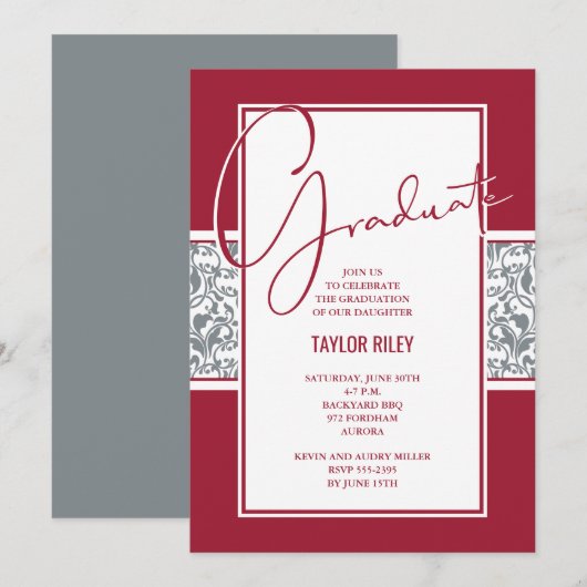 Crimson Gray Damask Abschluss Einladung (Vorne/Hinten)