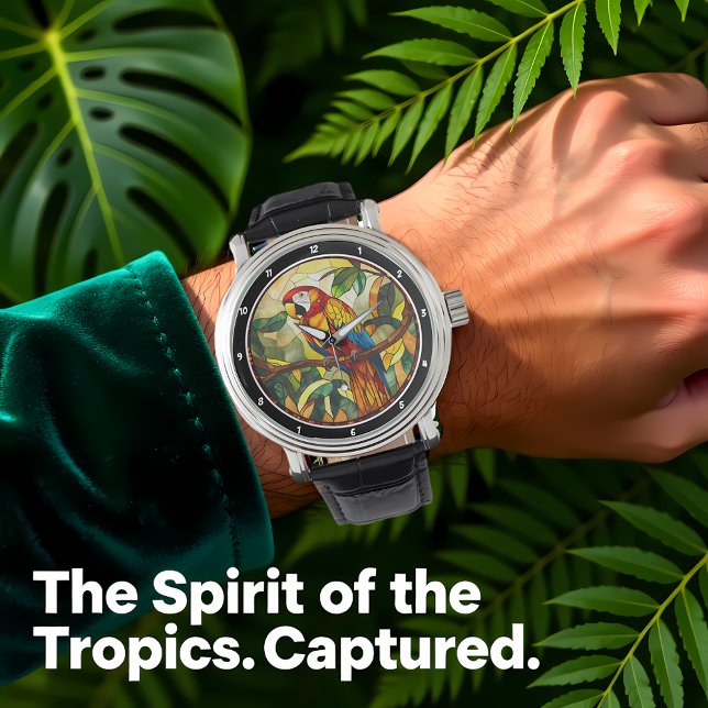 Crimson Jungle Time" - Stained Glass Red Parrot Armbanduhr (Von Creator hochgeladen)