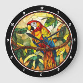 Crimson Jungle Time" - verketteter Glass Red Parro Große Wanduhr (Vorderseite)