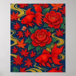 Crimson Koi Tanz im Herbst Bloom Poster