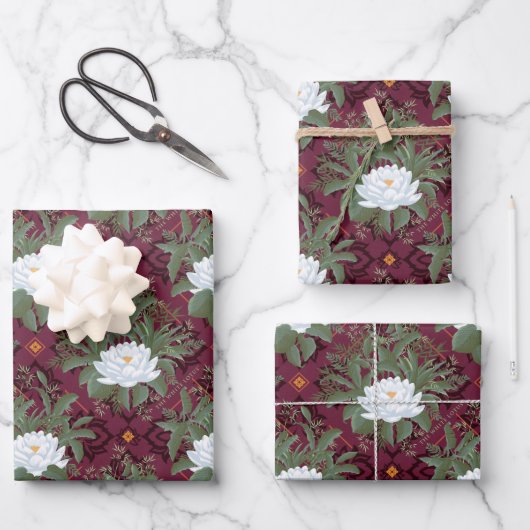 Crimson Lotus Elegance Muster - Der weiße Lotus Geschenkpapier Set (Vorderseite)