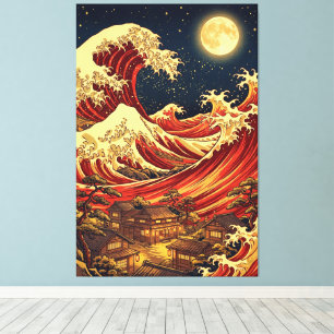 Crimson Moon über der japanischen Küste – Ukiyo-e- Leinwanddruck