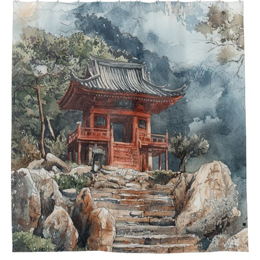 Crimson Mountain Pagode Tuschwaschung (2) Duschvorhang (Vorderseite)