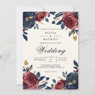 Crimson Navy Floral Blüh Wedding Einladung
