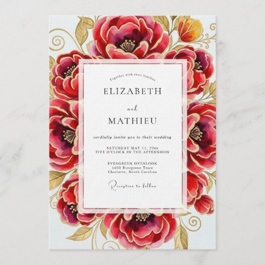 Crimson Opulent Bloom Wedding Einladung (Vorderseite)
