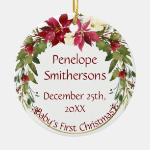 Crimson Poinsettia Wreath Baby's 1. Weihnachten Keramik Ornament