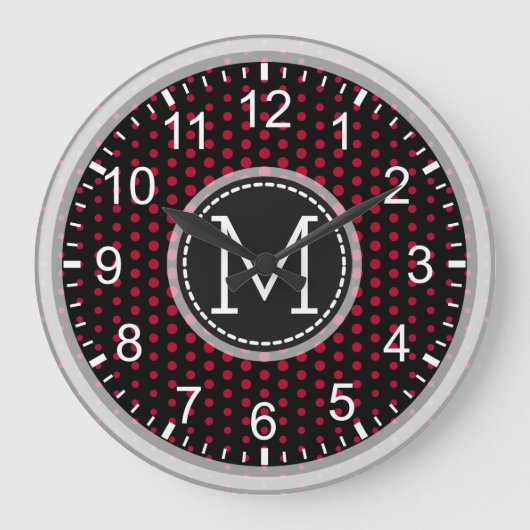 Crimson Polka Dots Modern Monogram Große Wanduhr (Vorderseite)