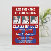 Crimson Red and Blue Athletes Foto Graduierung Einladung (Stehend Vorderseite)