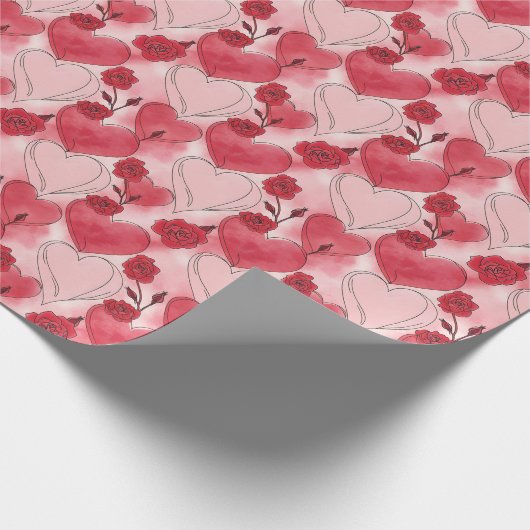 Crimson Red and Blush Pink Hearts and Roses Geschenkpapier (Ecke)