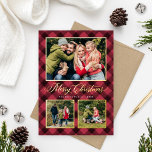 Crimson Red Buffalo Karierte Weihnachtsfotografie  Folien Feiertagskarte<br><div class="desc">Moderne und festliche karierte Foto-Urlaubskarte bietet eine Collage von 3 Fotos gerahmt durch eine Grenze und Akzente von echter Goldfolie und handbemalten Aquarellfarben, rot und schwarz Büffel karierten Karo gemusterten Hintergrund. Personalisieren Sie den "Einfachsten Weihnachtstext" mit Ihrem bevorzugten Wortlaut, Familiennamen und dem Jahr. Auf der Kartenrückseite befindet sich ein zusätzliches...</div>