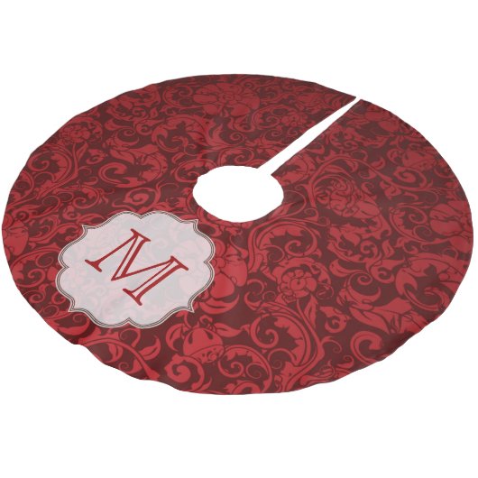 Crimson Red Damask Lac Monogram Initial Tree Skirt Polyester Weihnachtsbaumdecke (Schrägansicht)