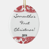 Crimson Red Damask Spitzen Personalisierter Name O Keramikornament (Rechts)