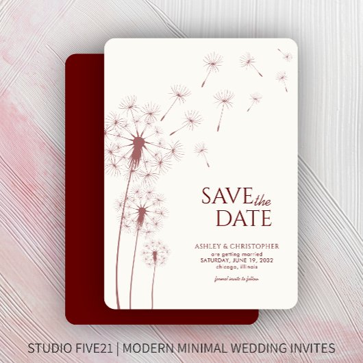 Crimson Red Dandelion Wedding Save the Date Card