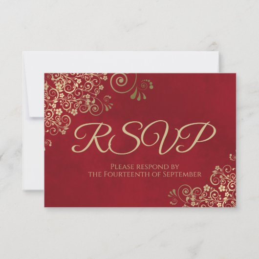 Crimson Red & Elegant Gold Lace Frilly Wedding RSVP Karte (Vorderseite)