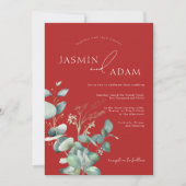 Crimson Red Eucalyptus Greenery Monogram Wedding Einladung (Vorderseite)