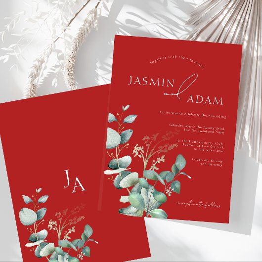 Crimson Red Eucalyptus Greenery Monogram Wedding Einladung