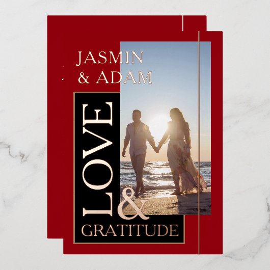 Crimson Red Foto Hochzeit Liebe und Dankbarkeit Go Folieneinladung (Vorderseite/Rückseite)