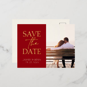 Crimson Red Foto Wedding Save the Date Gold Folien Feiertagspostkarte
