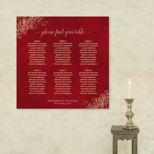 Crimson Red & Gold 6 Table Wedding Chart Poster