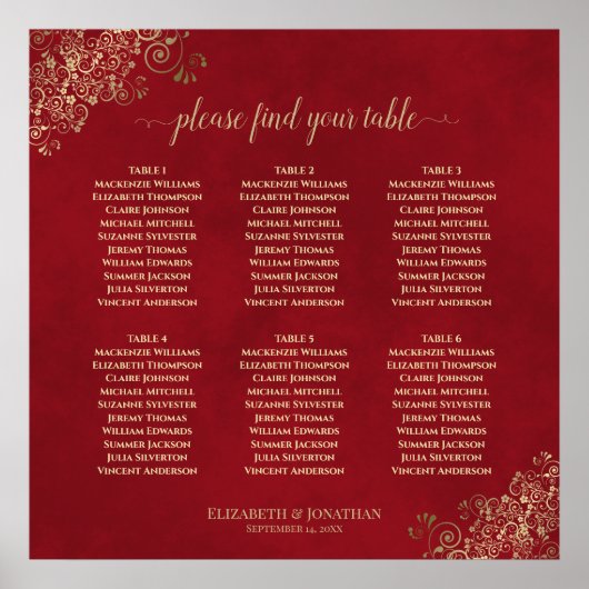 Crimson Red & Gold 6 Table Wedding Chart Poster (Vorne)