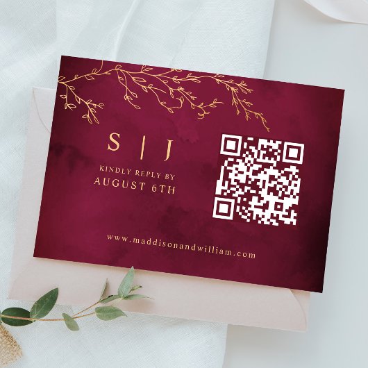 Crimson Red & Gold Botanical QR Code Hochzeit RSVP Karte