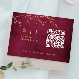 Crimson Red & Gold Botanical QR Code Hochzeit RSVP Karte