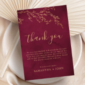 Crimson Red & Gold Botanical Wedding Photo Dankeskarte
