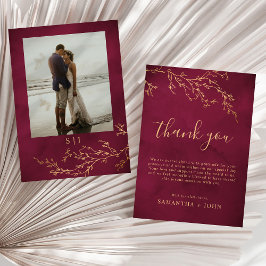 Crimson Red & Gold Botanical Wedding Photo Dankeskarte