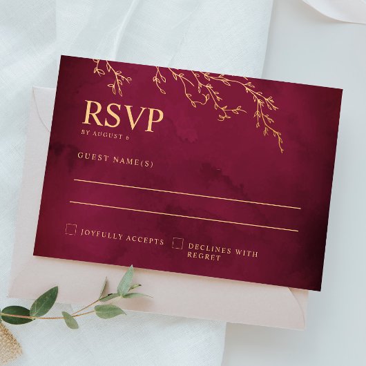 Crimson Red & Gold Botanische Hochzeit RSVP Karte