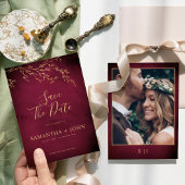 Crimson Red & Gold Botanisches Elegantes Foto Save The Date