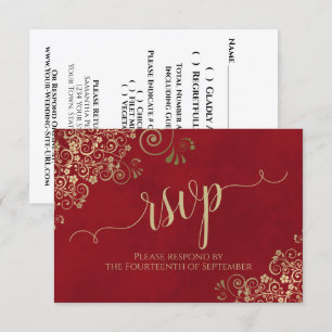 Crimson Red Gold Lace Elegante Calligrafy Wedding RSVP Karte