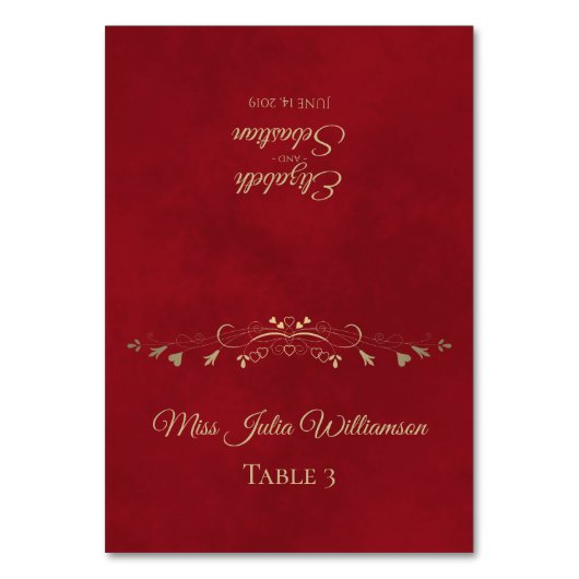 Crimson Red & Gold Wedding DIY Fold Platzkarte Tischnummer (Vorderseite)