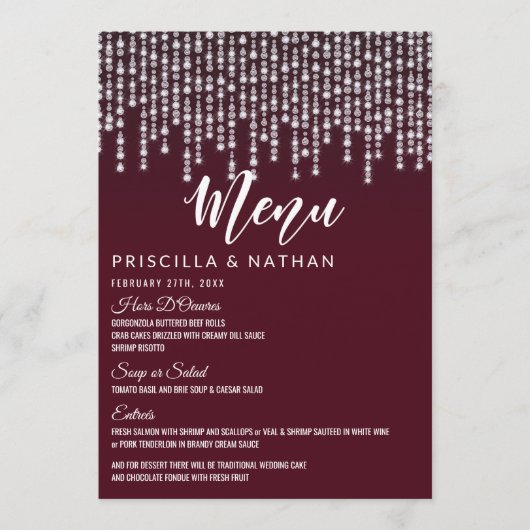 Crimson Red Hanging Diamond Lights Wedelmenü Menükarte (Vorderseite)