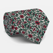 Crimson Red, Hunter Green, Black, & Ivory Floral Krawatte (Gerollt)