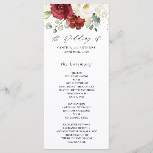 Crimson Red Ivory White Rose Floral Wedding Programm (Vorderseite)