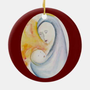 Crimson Red Madonna and Child Joy to the World Keramik Ornament