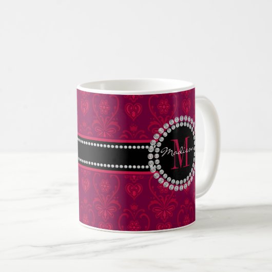 Crimson Red, Magenta Damask, Name und Monogramm Kaffeetasse (VorderseiteRechts)