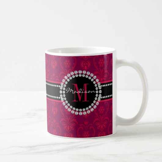 Crimson Red, Magenta Damask, Name und Monogramm Kaffeetasse (Rechts)