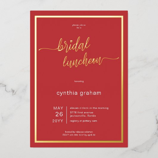 Crimson Red Modern Minimal Bridal Luncheon Folieneinladung (Vorderseite)