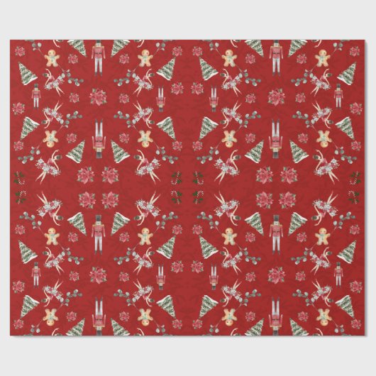 Crimson Red Nutcracker & Friends Wrapping Paper Geschenkpapier (Flach)