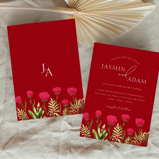 Crimson Red Poppies Monogram Wedding Einladung