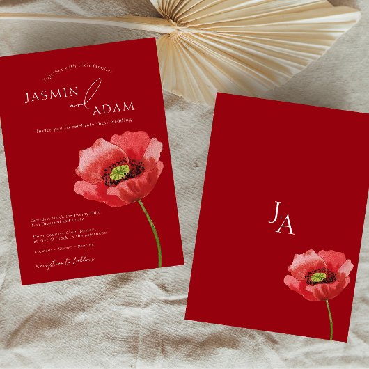 Crimson Red Poppy Floral Monogram Wedding Einladung