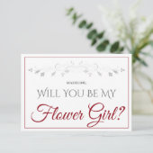 Crimson Red Script Elegant Be My Flower Girl Karte (Stehend Vorderseite)