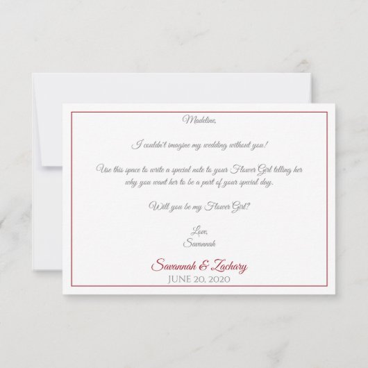 Crimson Red Script Elegant Be My Flower Girl Karte (Rückseite)