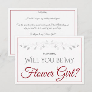 Crimson Red Script Elegant Be My Flower Girl Karte