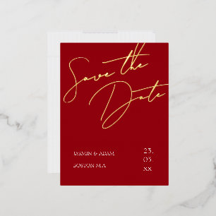 Crimson Red Script Wedding Save the Date Gold Folie Einladungspostkarte