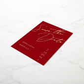Crimson Red Script Wedding Save the Date Gold Folie Einladungspostkarte (Gedreht)