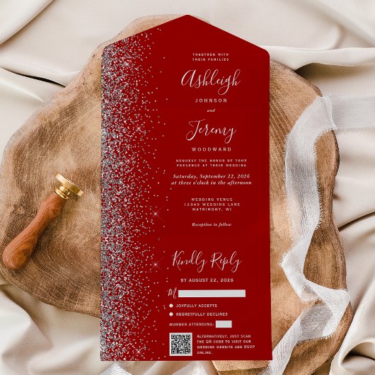 Crimson Red Silver Glitter QR Code Wedding All In One Einladung